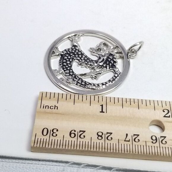 Vintage Dragon Circle Shape Pendant, Silver Tone, Four Toe, Unisex Estate - Picture 4 of 5